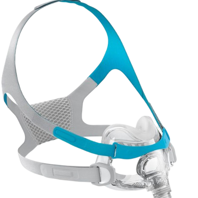 A Fisher & Paykel Evora Full Face CPAP Mask with blue and gray colors, featuring headgear and cushion.