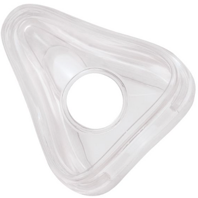 A clear, full face silicone cushion for a CPAP mask, without headgear or frame.