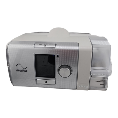 A ResMed AirCurve 10 ST Bi-Level BiPAP machine with a digital display and external ports.