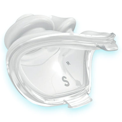 A transparent, silicone nasal pillow for a CPAP mask, with a nasal cradle design and quick release tabs.