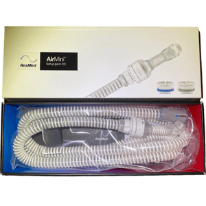ResMed AirMini Setup Pack in a plastic blister pack with a gray tube and two AirMini connectors visible through the packaging.