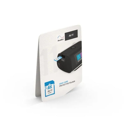 A ResMed SD card for AirSense 10 and 11 with a protective folder, displayed on a white background.
