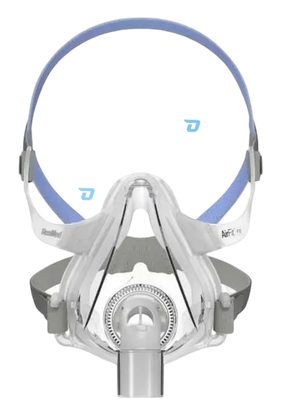 A ResMed AirFit F10 Full Face CPAP Mask with headgear in blue and gray color, designed for nasal and mouth breathing during sleep apnea therapy.