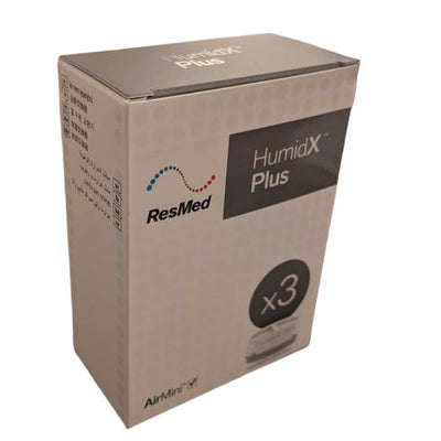 A box of ResMed HumidX Plus waterless humidifier cartridges for the AirMini CPAP machine, indicating a quantity of 3.