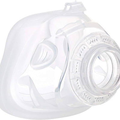 A transparent nasal cushion for CPAP machines, with visible silicone cushions and a fabric headgear.