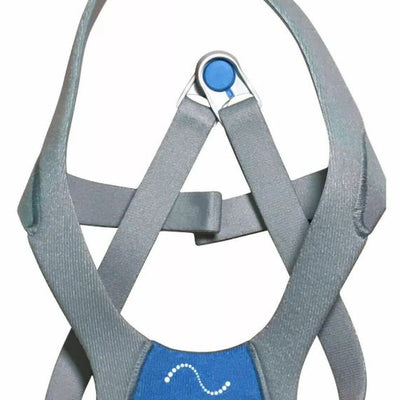 ResMed AirFit N20 headgear, featuring a blue and gray adjustable strap system designed for CPAP therapy.