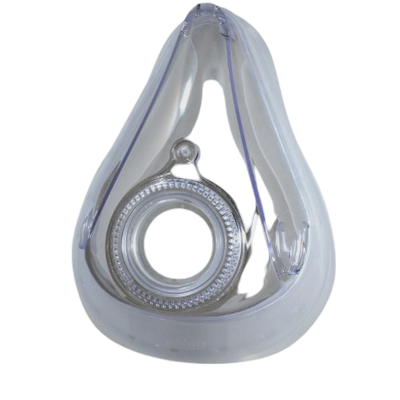 A transparent full face replacement cushion for CPAP therapy masks, with a visible circular opening at the center.
