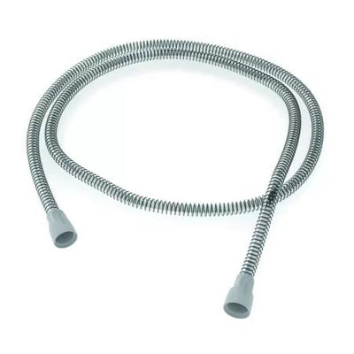 A coiled, flexible tubing with metal ends, likely made of a durable material used for CPAP machines.