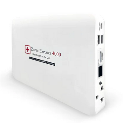 White power bank with Zopec Explore 4000 branding on a white background