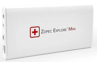 A portable CPAP battery named Zopec Explore Mini, predominantly white in color with a red cross logo